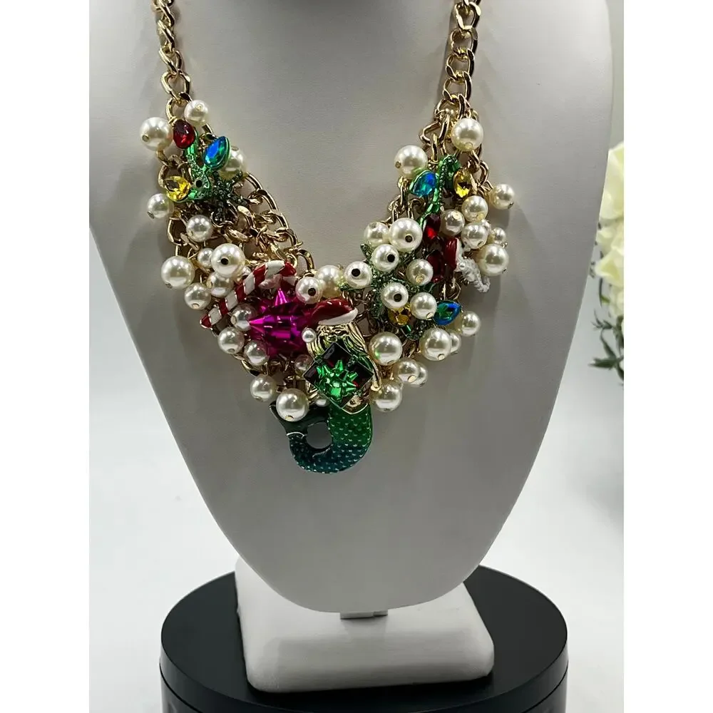 Betsey Johnson Santa‎ Mermaid Candy Cane Drama Christmas Xmas Statement Necklace